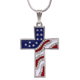 cocojewelry 4th of July Patriotic USA American Flag Cross Pendant Necklace (Silver-tone)