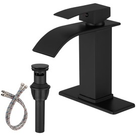 BWE Matte Black Bathroom Faucet Modern Waterfall Single Hole Faucet for Bathroom Sink Single Handle with Pop Up Drain with Overflow Assembly and Supply Line Lavatory Bath Faucet