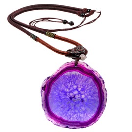 KYEYGWO Geode Agate Slice Pendant for Women Men, Polished Irregular Crystal Agate Stone Gemstone Necklace Adjustable, Purple