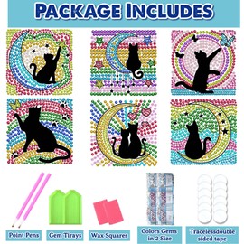 ORIGACH 6 Pcs Cat and Moon Window Suncatcher Gem Art Craft Kits for Beginner DIY Suncatcher Stickers Set Window Gem Art Kits Diamond Drawing Shining Arts Crafts Supply Birthday Gift