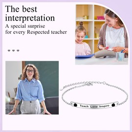 FLYOW Teach Love Inspire Apple Bracelet For Teachers 925 Sterling Silver Apple Bangle Bracelet Adjustable Teacher Bracelet Graduation Gifts