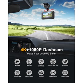 Dash Cam Front and Rear WiFi Dashcam, 4K+1080P Dual Dash Camera for Cars with 64GB SD Card, 3.0" IPS Dashcam with Reverse Assist, App Control, 24H Parking Mode, Super Night Vision, Support Max 256GB