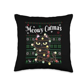 G2T Funny Christmas Outfit Meowy Catmas Cat Fairy Xmas Light Ugly Christmas Sweater Throw Pillow, 16x16, Multicolor