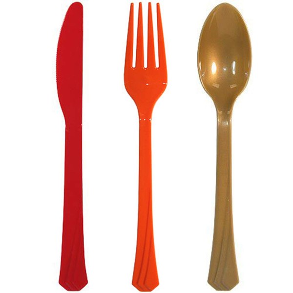 Tiger Chef Red Orange Gold Thanksgiving Flatware Party Supplies, Heavyweight Colored Plastic Silverware Includes 24 Forks, 24 Teaspoons, and 24 Knives (Thanksgiving, 72)