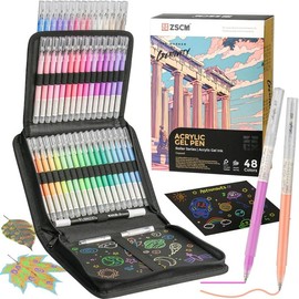 ZSCM Black Paper Sketchbook & Acrylic Gel Pens for Drawing, 1mm Fine Point Acrylic Ink Pen, Opaque Archival Ink Pens for Black Paper Drawing, Sketching, Illustration, Card Making Craft acrylic paint markers - Colour: 48 PACKS