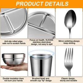 Potchen 20 Pcs 304 Stainless Steel Plates and Bowls Sets with Cups, Spoons, Forks, Compartment Trays Unbreakable Divided Plates Reusable Tableware for Home, Camping, Travel, Restaurant(3 Compartment)
