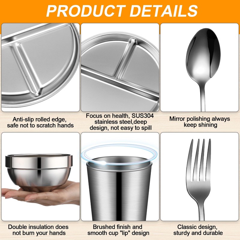 Potchen 20 Pcs 304 Stainless Steel Plates and Bowls Sets