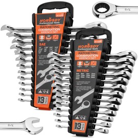HORUSDY 26-Piece Ratcheting Wrench Set | Metric and SAE | Ratchet Combination Wrenches Set with Organizer | 72-Tooth | Chrome Vanadium Steel | 6-19 mm & 1/4” to 3/4“ (13-Piece Metric&SAE)