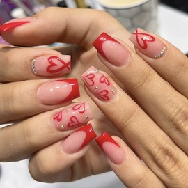 24Pcs Valentines Press on Nails Short French Tip Fake Nails Red Heart with Rhinestone Design Square Shaped Reusable Artificial False Nails Glue on Nails for Women Acrylic Nails Decorations DIY