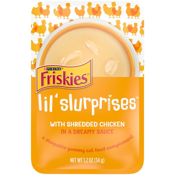 Purina Friskies Wet Cat Food Lickable Cat Treats, Lil’ Slurprises With Shredded Chicken in a Dreamy Sauce - 1.2 oz. Pouch