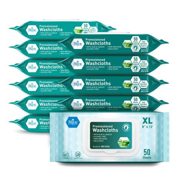 MED PRIDE Disposable XL Premoistened Washcloths 600-count, 8" x 12" for Adults| Silky Soft Wet Wipes W/Aloe & Lanolin Mild Scent| Ideal for Skincare/Personal Cleansing, Makeup Removing, Travel & More
