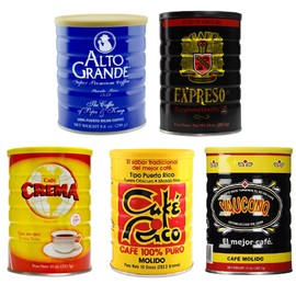 Alto Grande, Garrido Expreso, Cafe Crema, Cafe Rico, and Yaucono Ground Coffee, Puerto Rico Coffee Roasters Variety Bundle Gift Collectors Case, Pack of 5 Cans (48.8 Ounces Total)
