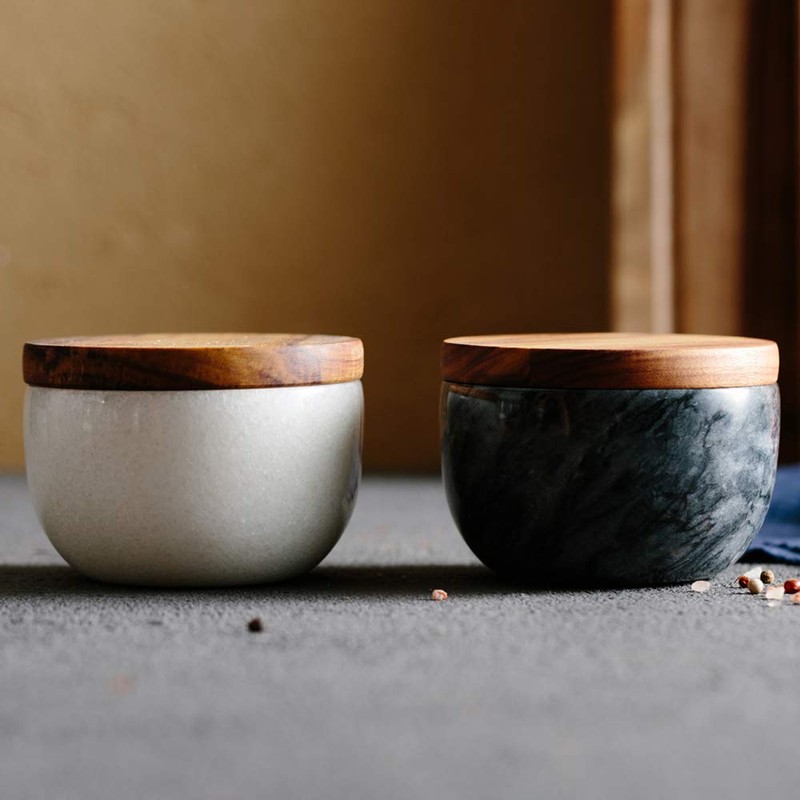 jalz jalz Salt Box White Marble Base Wood cover salt