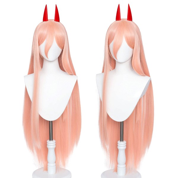 Probeauty Pink Power Cosplay Wig with Two Horns, Women Update Long Straight Anime Halloween Wig (Pink Orange)