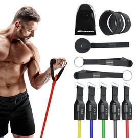 SKINHAWK Premium Fitness Bands, Resistance Bands, 5 Resistance Bands, Fitness Band with Robust Handle, Ankle Strap, Carry Bag, Door Anchor Attachment, Training Plan up to 150 lbs Indoor/Outdoor