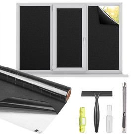 Kromapolis Blackout Window Privacy Film Total Light Blocking Room Darkening Window Covering, Removable Static Cling Frosted Glass Window Tint, Non-Adhesive, Black 35.4'' x 78.7''