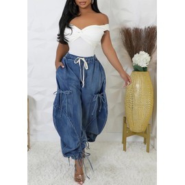 Kwunbwa Women's Baggy Cargo Jogger Jeans Barrel High Waisted Wide Leg Drawstring Y2K Loose Harem Denim Pants with Pockets Blue