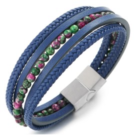 COOLSTEELANDBEYOND Multi-Strand Gem Stone Beads Chain Blue Braided Leather Bracelet Wristband Steel Magnetic Clasp