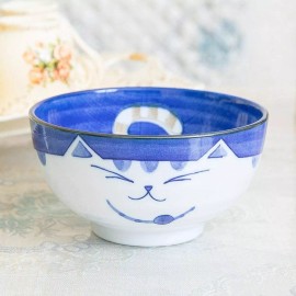 Porcelain Rice Soup 5 inch Bowl Made in Japan Blue Cat Maneki Neko Pattern 2471
