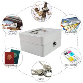 Fireproof Cash Box with Lock and 2 Keys, Secure Metal Money Box for Documents, Passport, Tablet, Lockable Steel Coin and Cash Box for Home, Office(White)