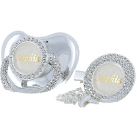 Miyocar Lovely Anniversary Bling Handle Custom Pacifier and Clip Set with Name for Boy and Girl,0-6 Months,6-18 Months