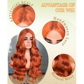 Lizzy Long Wavy Wigs for Women Middle Part Curly Wavy Wig Natural Curly Synthetic Wig Heat Resistant Fiber Wigs for Daily Party Use 26inch (Ginger)
