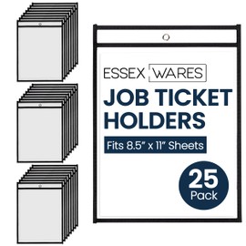 Essex Wares - 25 Pack, Black, Job Ticket Holders, 10" Wide x 13.5" Tall - Clear Plastic Shop Ticket Holders - Easy to Use, Reusable & Easy Erase Plastic Invoice Holders, Water-Resistant & Durable