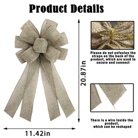chmacura Natural Burlap Wreath Bow 20 x 11 Inches Easter Holiday Bows Khaki Ribbon Bow Carnival Farmhouse Bow Tree Ornament for Home Front Door Decorations