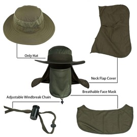 JAKLENA22 Sombrero de protección Solar Gorras de Pesca,Sombrero de Sol con Cubierta para la Cara y Solapa para el Cuello UV UPF50+,Sombrero de Pesca para Hombres y Mujeres (Nailon, Verde Militar)
