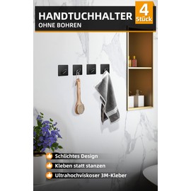TINIFO Haken Selbstklebend 4 StüCk - Klebehaken Extra Stark Aus Edelstahl- Handtuchhaken Ohne Bohren - Wandhaken Rostfrei & Wasserfest FüR Bad, KüChe, Flur (Schwarz)
