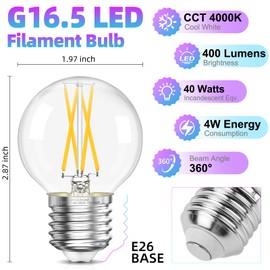 GvvooHome Dimmable G16.5 Light Bulb 4000K Neutral White, 4W Equal 40 watt, E26 LED Globe Bulb, Round Edison Bulbs for Ceiling Fan, Chandeliers, 90+CRI 400LM, 3 Pack