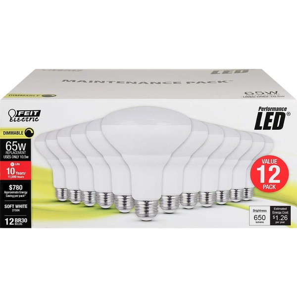 Feit Electric BR30DM/10KLED/MP/12 65-Watt 650 Lumens Dimmable LED BR30 Flood Recessed Light Bulb, 5.37" H x 3.75" D, 2700K Soft White, 12 Piece