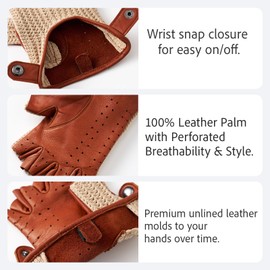 Hanotolo Fingerless Driving Gloves for Men– Soft Lambskin Leather, Crochet String Back, Cognac,L