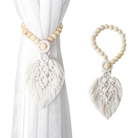 janeunique Macrame Tie Backs for Curtains Handmade Curtain TieBacks Boho Curtain Ties with Adjustable Natural Wood Beads for Indoor and Outdoor Decoration (wooden beads)