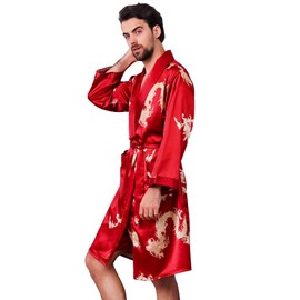 Haseil Men's Satin Robe Luxury Silk Kimono Robe Long Sleeve Bathrobe Soft Loungewear Lightweight House Coat with Belt, Rosered, Tagsize2XL=UssizeL