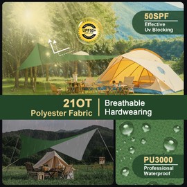 KIMIGO Tarp 3 x 3 m Waterproof Camping Tent Tarp, UV Protection Camping Awning Tent, Tent Tarpaulin Waterproof with 6 Pegs and 6 Ropes Sun Protection for Hammock Outdoor Travel Picnic Green