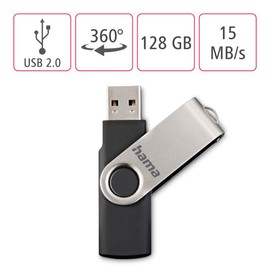Hama 128 GB USB 2.0 Data Stick 15MB/s Data Transfer with Loop for Attaching to Key Ring Memory Stick Metal Memory Stick for Windows/MacBook Silver