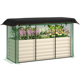 Outsunny 5.9 x 2 x 1.9 ft Galvanized Raised Garden Bed with Crop Cage Plant Protection Net and Shade Cloth Roof, Metal Planter Box with Cover for Vegetables, Flowers, Herbs, Beige