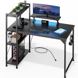 DOMICON 55 Inch Gaming Desk with LED Light, Computer Desk with Reversible Storage Shelves and Power Outlets for Home Office, Black