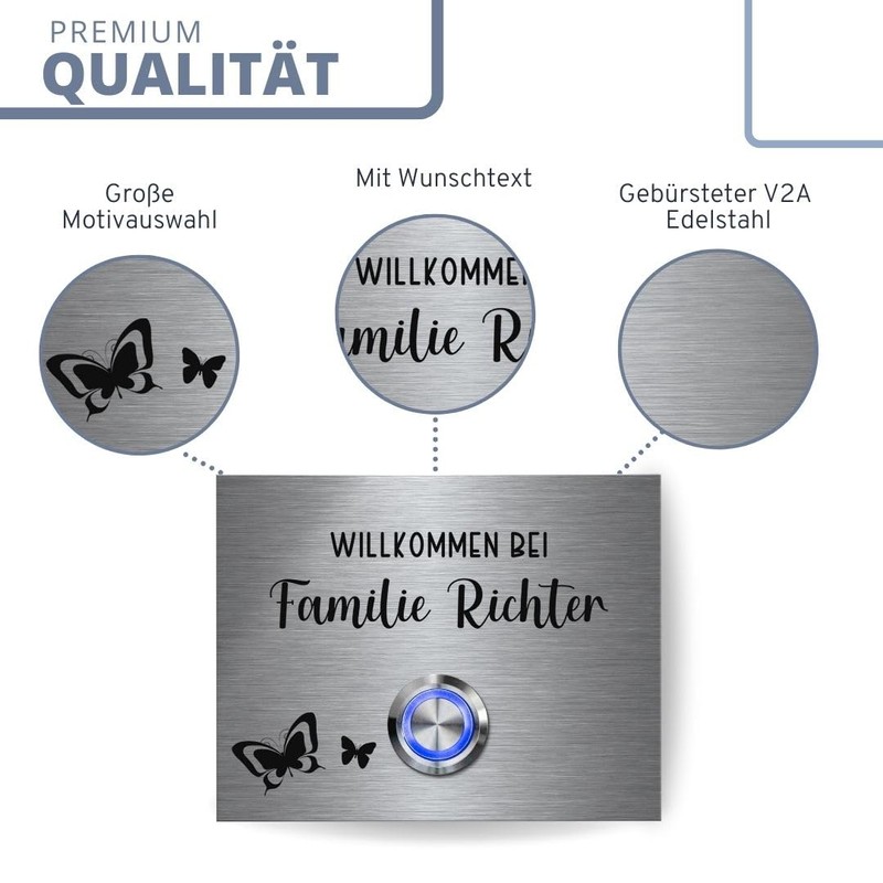 'Stainless Steel Door Chime Doorbell (White Blue etc.) and Engraving