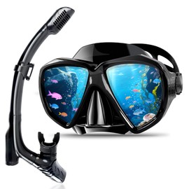 Snorkel Set for Adults and Children, Snorkelling Set with Dry Snorkel and Diving Goggles, 180° Anti-Leak Anti-Fog Diving Goggles with Nose for Snorkelling, Swimming and Diving (Black)