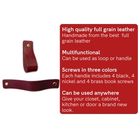 Brute Strength - Leather Handles for Furniture - Bordeaux Red - Pack of 4 - 16.5 x 2.5 cm - Cabinet Handle, Door Handle for Kitchen, Bathroom, Cabinets, Dresser, Wood