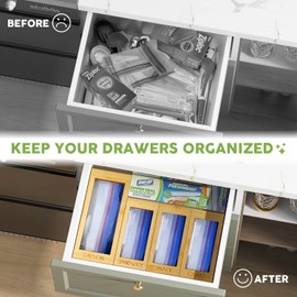 DALSHABET Bamboo Storage Bag Organizer for Kitchen Drawer, 4 Separate Food Storage Bag Organizer, 12x14 Baggie Organizer Dispenser for All Brands Gallon, Snack, Sandwich & Quart Slider Bags Beige