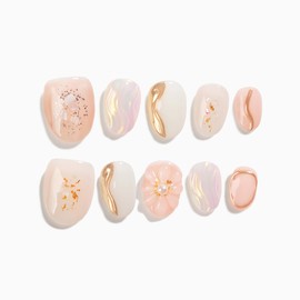 Sun&Beam Nails Handmade Nail Tips Short Coffin Ballerina False Nail Beige White Gold 3D Design Stylish False Nail Pack of 10 (#131 M)