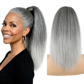 Yaki Straight Ponytail Extension for Black Women,16 Inch Synthetic Wrap-Around Clip-In Ponytail with Magic Paste,Natural Looking for Easy Daily Wear (T1B/Gray Salt and Pepper)