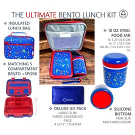 Bento Box with Thermo Stainless Steel Food Jar for Hot-Cold Food or Soup, Insulated Lunch Bag & Ice Pack Set for Kids or Toddlers. Ages 3-7, Blue Space Rockets