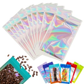 Silver Foil Ziplock Bags Small Smell Proof Bag Mylar Bags Holographic Packaging Bags,100pcs 7x10cm Resealable Storage Pouches Grip Seal Bags Clear Plastic Bags for Food Storage,Jewelry,Electronics