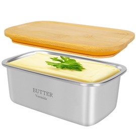 Vermida Butter Dish with Lid, Large Stainless Steel Butter Dish Container for Countertop, Sturdy Butter Keeper with Bamboo Lid Holds 2 Sticks of West or East Coast Butter for Refrigerator
