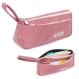 Minicoco Pencil Case for Girls Women, Corduroy Cute Pen Pouch & Makeup Bag 2 in 1, Exam Essentials Organiser, School College Stationery Storage Teens Students Gift (Vintage Pink)