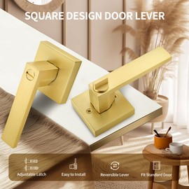 Moquin Square Privacy Gold Door Handle with Lock, Keyless Heavy Duty Interior Door Lever for Bathroom or Closet, Satin Brass, 5 Pack